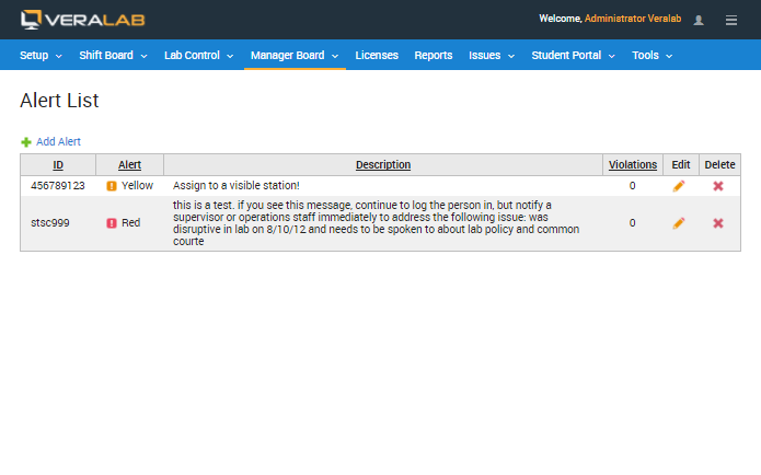 Veralab alert list